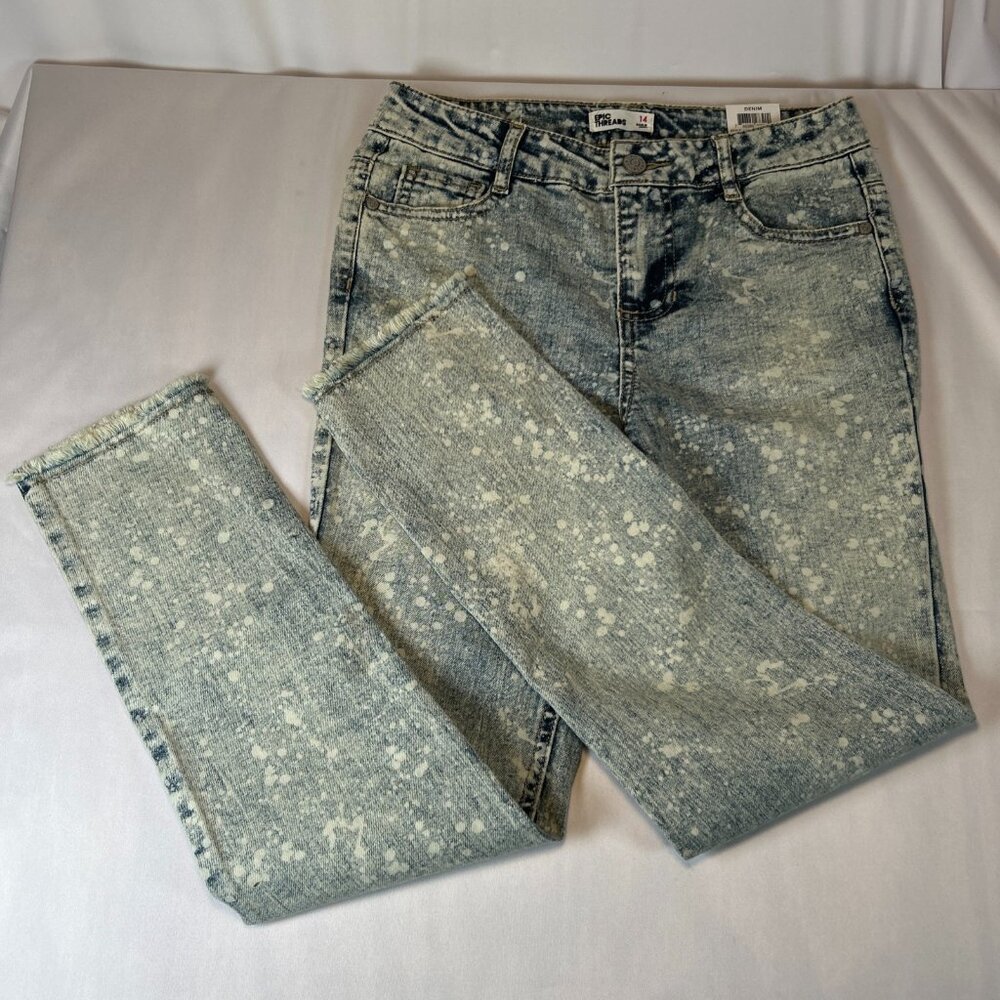 Girls Size 14 Acid Wash Denim Straight Leg Raw Fringe Bottom Trendy Y2K Fun NWT‎